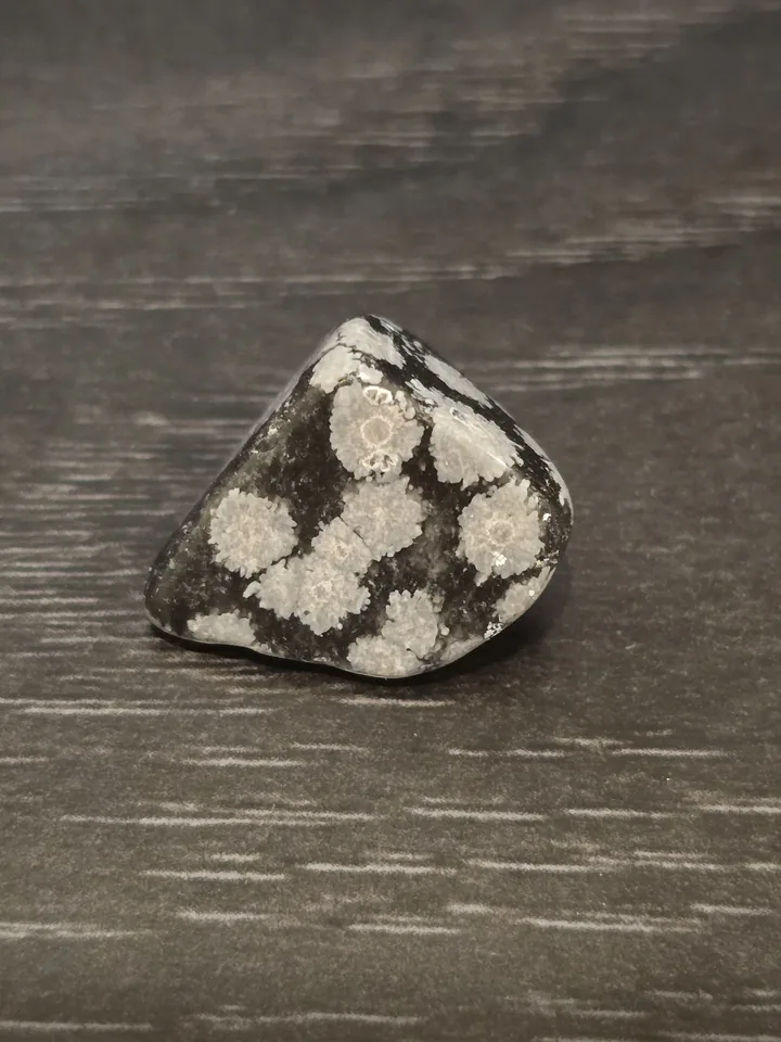 A smooth, rounded, triangular-shaped black stone with several distinct white, radial, flower-like or snowflake-patterned patches on its surface, resting on a dark wood grain background.